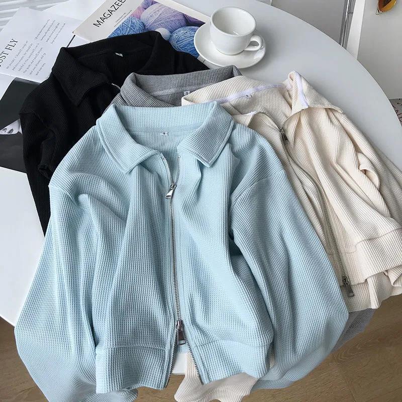 Women's Waffle Polo Collar Short Sweatshirt: Loose Fit, Double Zipper, Long Sleeve Jacket for Spring & Autumn.