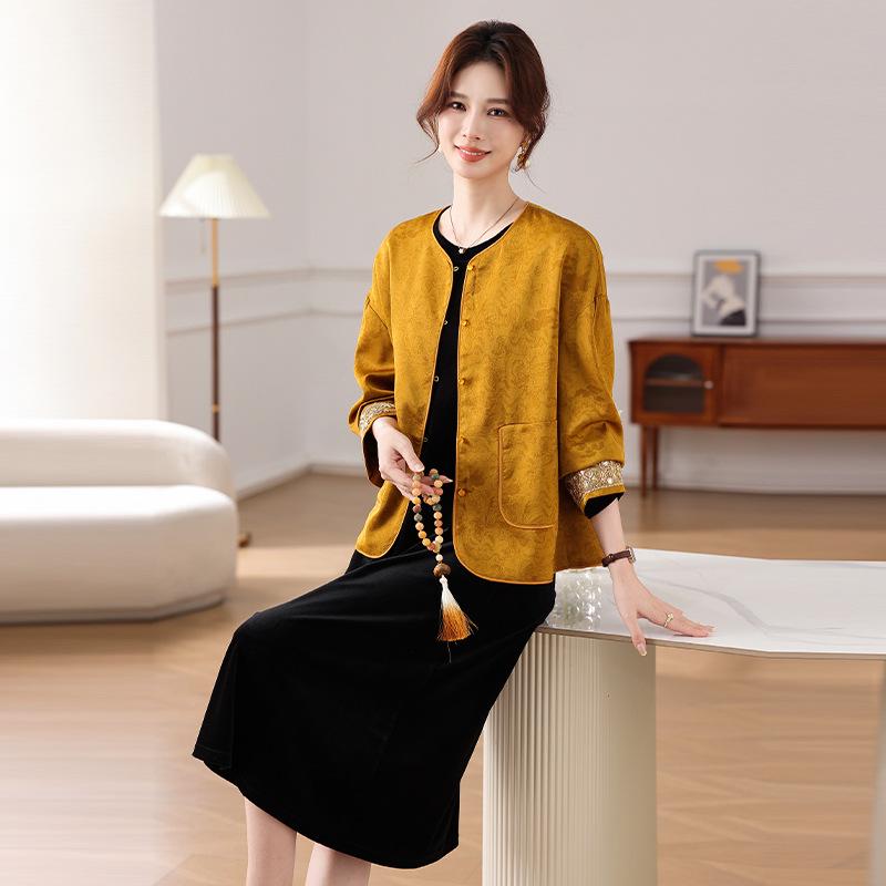 Elegant Autumn Tang Suit Set for Women - Wide-Brimmed Jacket & Dress 3XL (for 110-125 jin) оранжевый