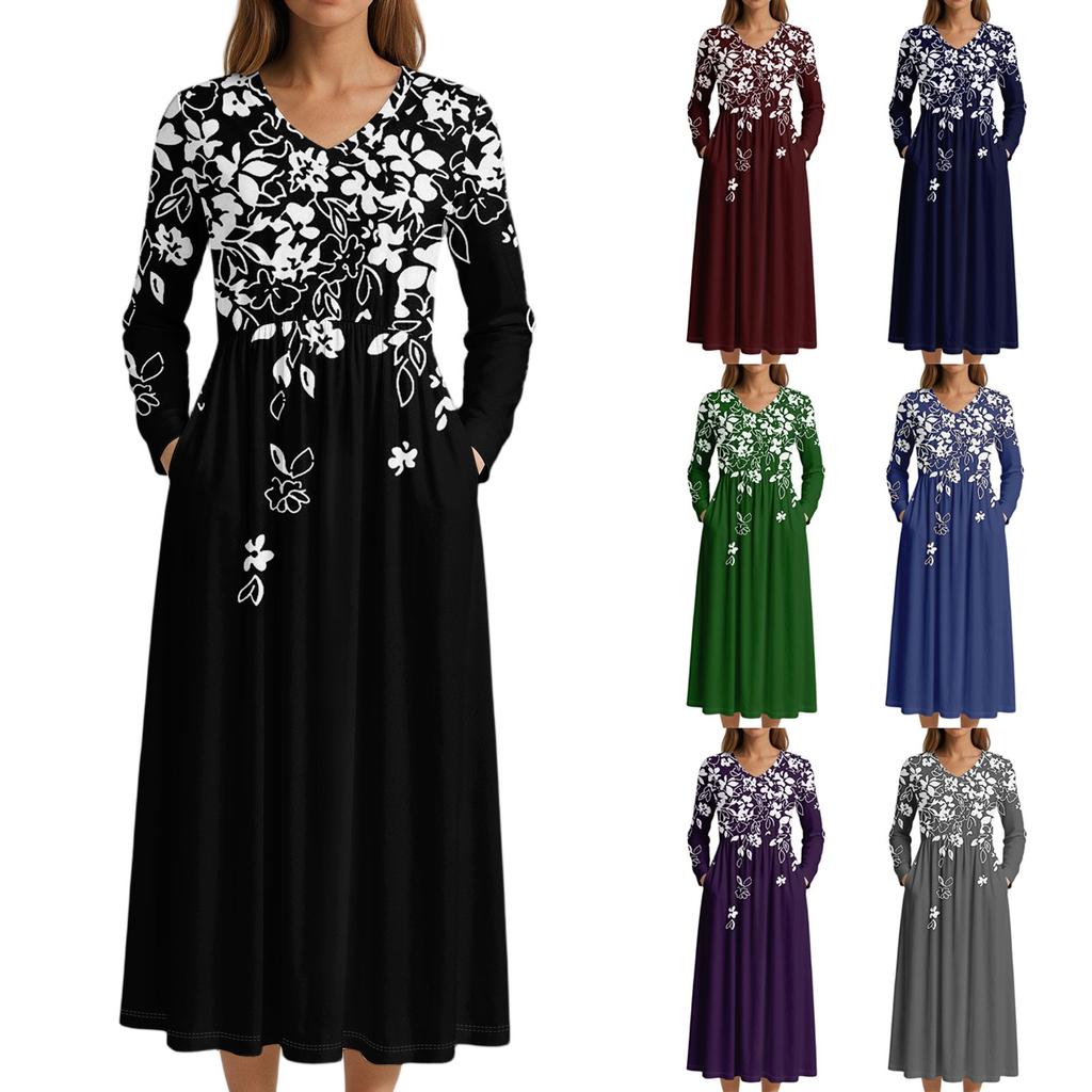 Vestido Para Mujer Vestido Largo Boho Playa Elegante Vestido Maxi Cuello en V Manga Larga Con Bolsillos