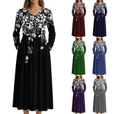 Dress For Women Long Boho Beach Dress Elegant Maxi Dress V-Neck Long Sleeve Dress With Pockets