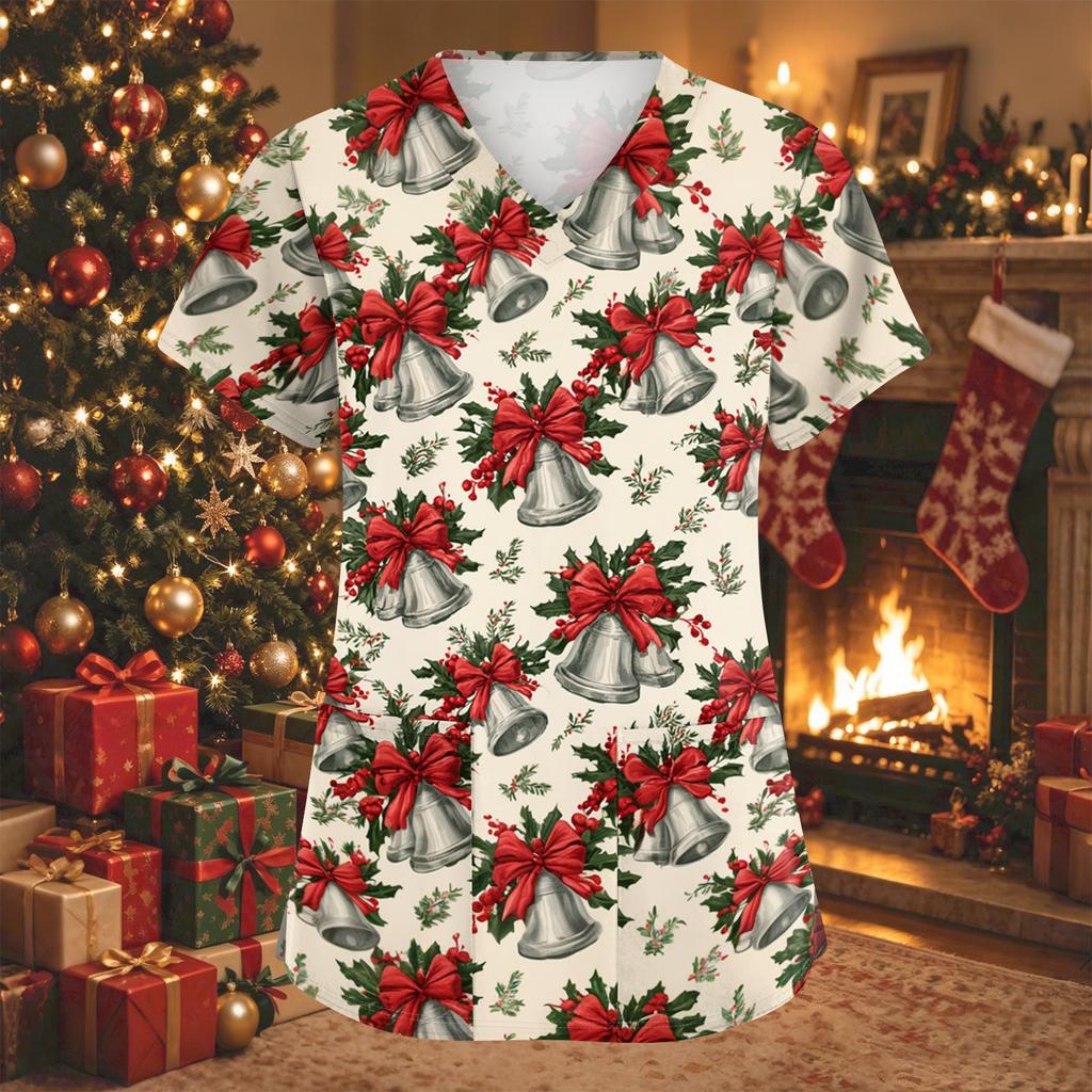 Women's Fashion Christmas Print V-Neck Short Sleeve Caregiver Work Top with Pockets