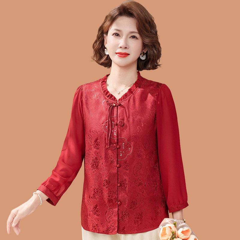 Mom's Spring 2026 Chiffon Blouse - New Chinese Style Fashion for Middle-Aged and Elderly Women