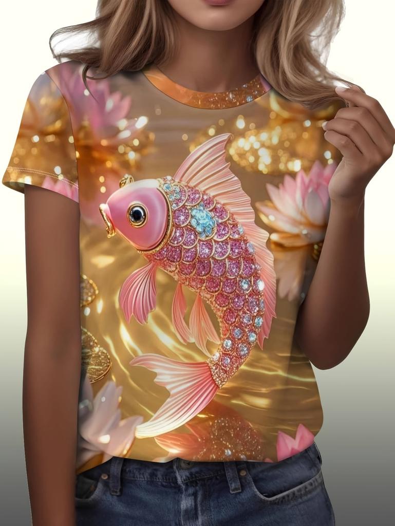 Summer Women's 3D Print Goldfish Graphics T-Shirt Fashion Casual Tees O-Neck Tops Short Sleeves T-Shirt Street Women's Clothing
