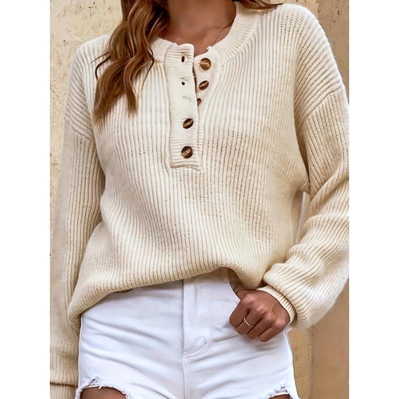 [Cozy Sweater] Soft & Comfortable Women's Cozy Pink Sweater | Casual Crew Neck, Long Sleeve Pullover for Fall/Winter, Button Details