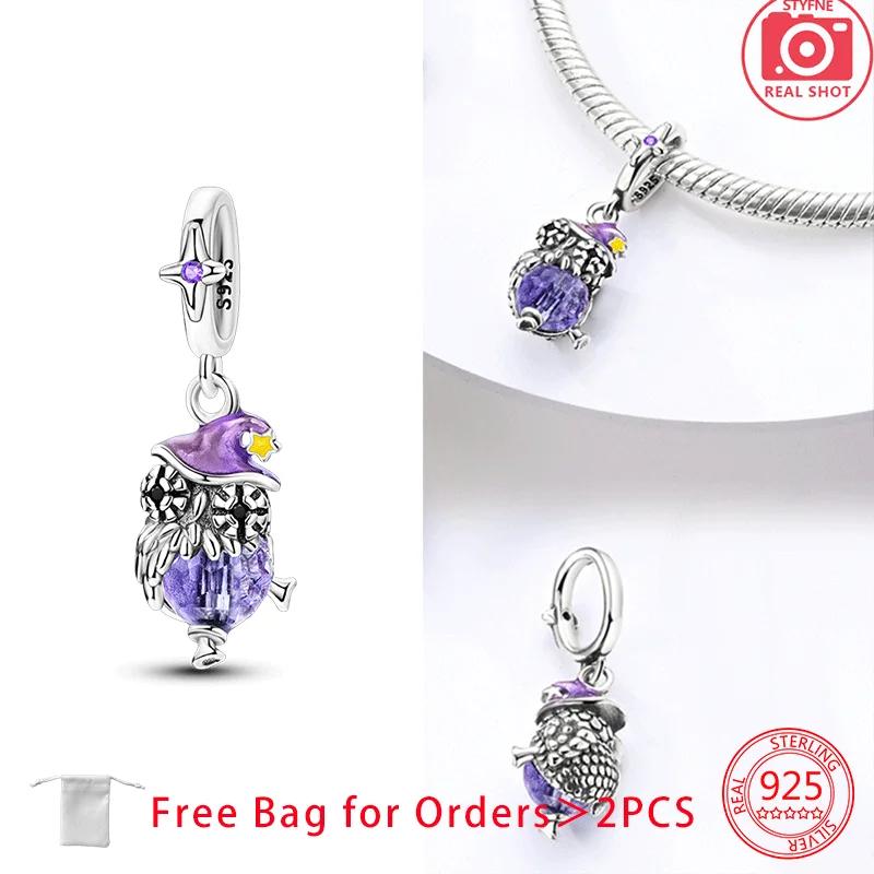 Orginal Charms Copper Purple Owl Fluorescent Beads Blue Zircon Moon Pendant Fit Bracelet Women Jewelry Making Fine Gift