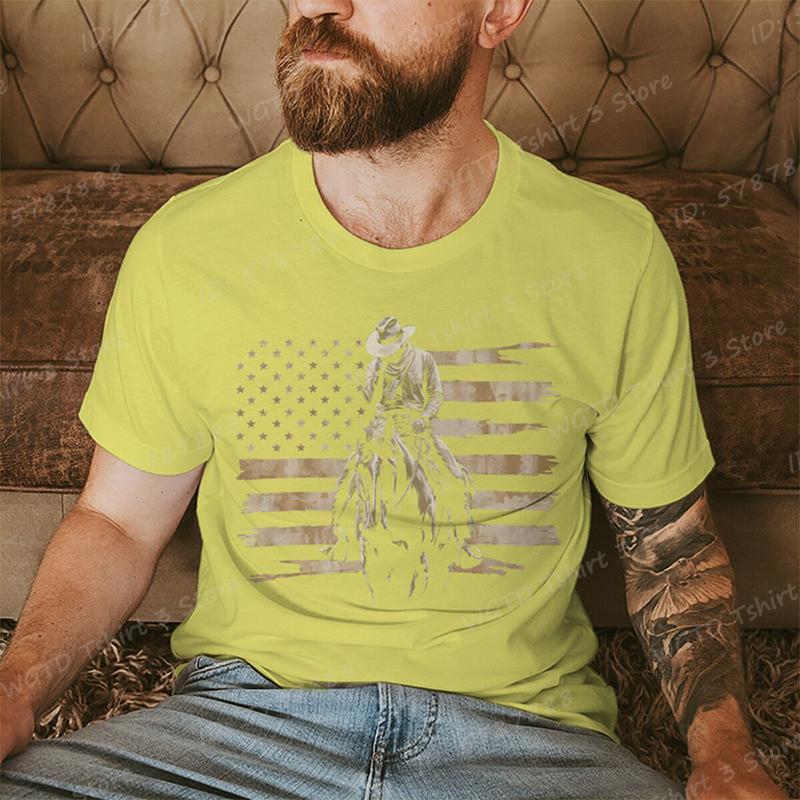 Cowboy with American Flag Pattern Print T Shirt Tees for Men Casual Short Sleeve TShirt for Summer Vintage Graphic Tshirts