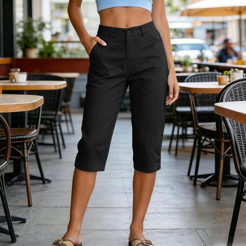 Women High Waist Loose Fit Wide Leg Capri Shorts with Pockets Button Relaxed Fit Long Hiking Shorts for Outdoor Activities