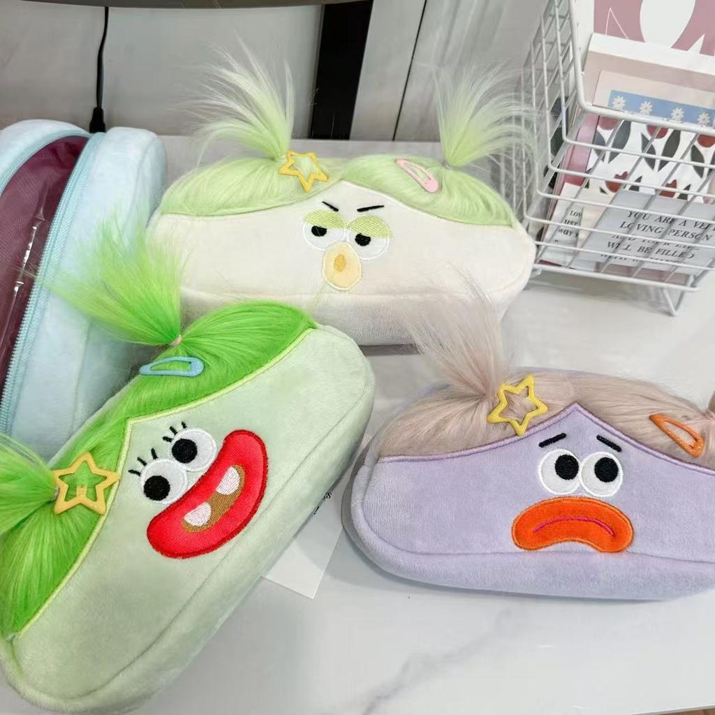 Funny fried hair girl pencil case ugly cute large-capacity desktop stationery storage bag student stationery box plush storage bag