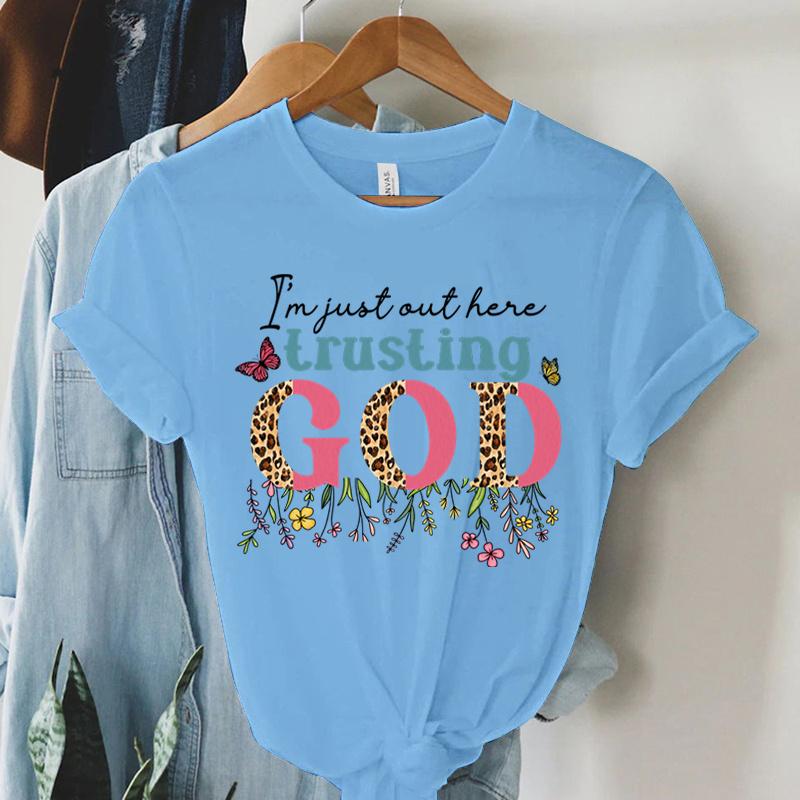 I'm Just Authere Trusting God Print T Shirt Vintage Christian T-Shirts Women Short Sleeve Faith Shirt Summer Religious Tshirt