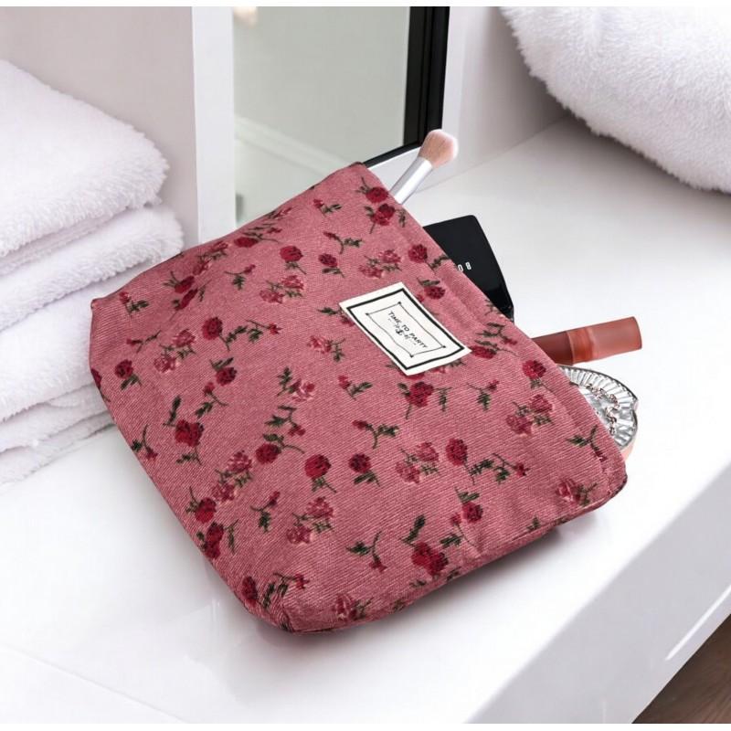 Single-compartment Pink Cosmetic Bag with Flowers Organizer 25 x 18 Fashionable