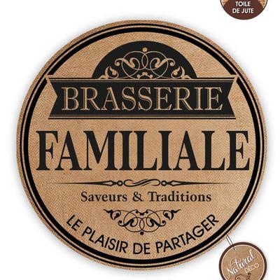 [A0667] - Burlap Placemat 'Brasserie Familiale' Beige Black - 38 Cm