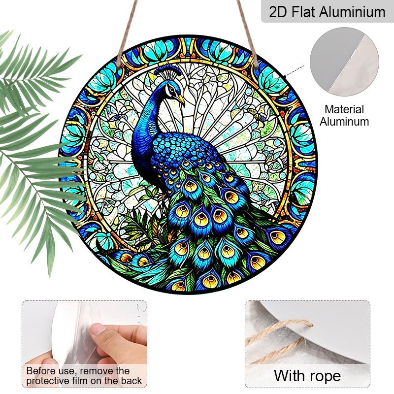 2D Flat, Vintage Stained Glass Style Peacock Round Aluminum Wall Decoration, Available in Various Sizes. Vintage Dessert Style Wall Decoration