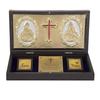 Mit 24 Karat Gold beschichtetes Jesus-Gott-Idol mit Charan Paduka und 2-teiliger Jyoti-Andachtsgebetsbox zum Verschenken von Pooja Mandir als Heimdekoration