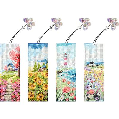 4Pcs Special Shaped Beautiful Pattern 5D DIY Diamond Art Book Mark Diamond Painting Bookmark Making Kit for Reading Day Gift