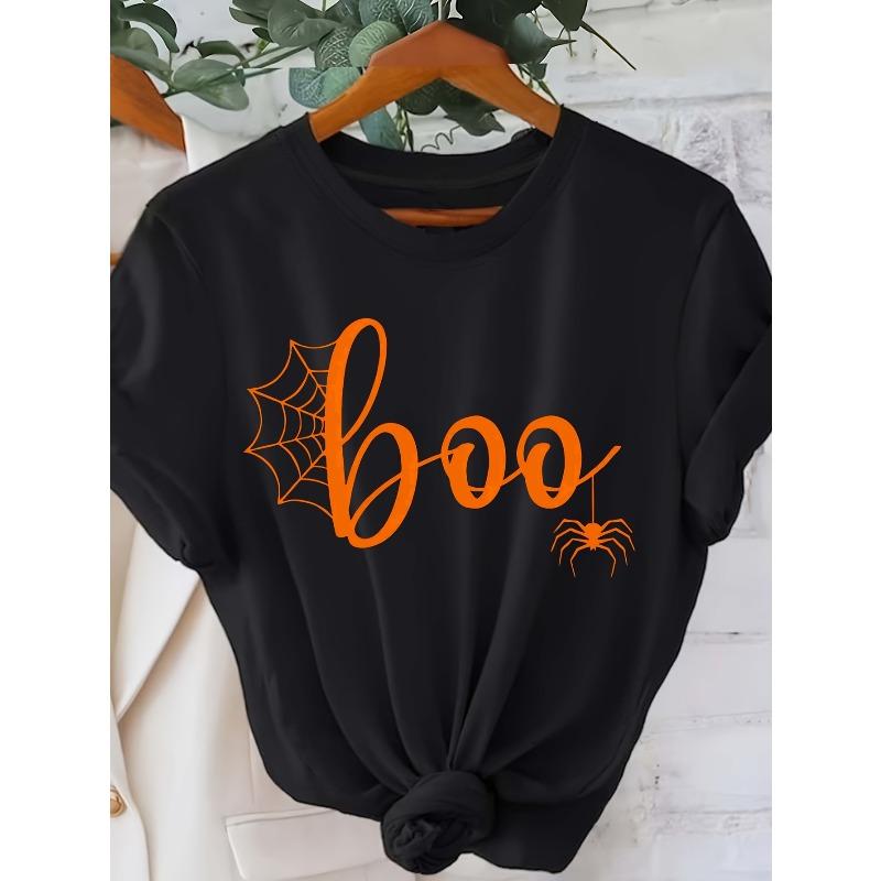 Womens Boo Spider Web Spider Print Crew Neck T Shirt Short Sleeve Machine Washable Casual Spring Summer All Season Halloween Top
