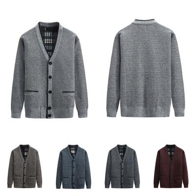 V-Neck Pockets Sweater Coat Autumn Winter Fleece Lining Solid Color Cardigan Sweater Outerwear