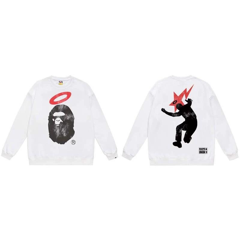 BAPE-Style Heavyweight Cotton Crewneck Sweatshirt Mens Oversized Streetwear Pullover Fall
