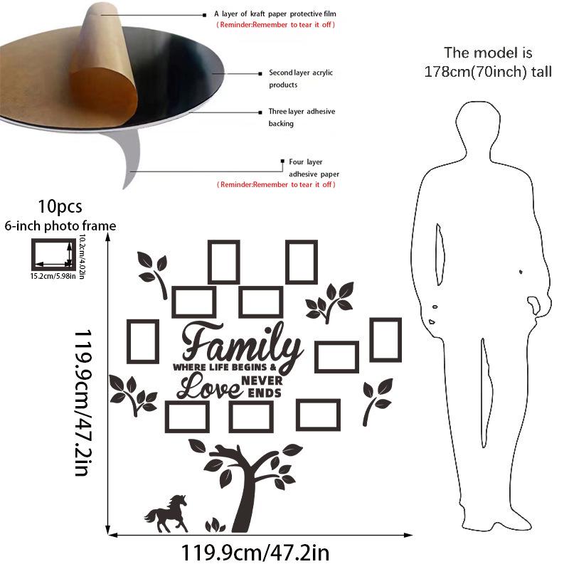 3D Tree & Pony Photo Frame Wall Sticker, Holds 10 6-inch Photos, Family Living Room Décor