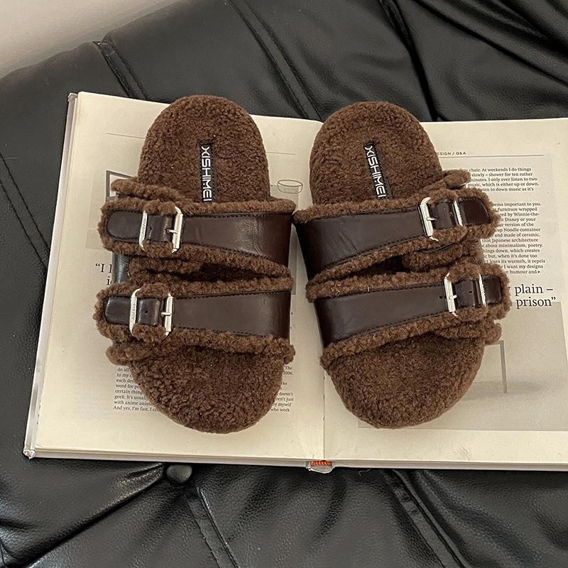 

Fashion versatile belt buckle plush wool shoes women s 2025 autumn and winter new comfortable warm cotton shoes plush cotton slippers 40 темно-коричневого