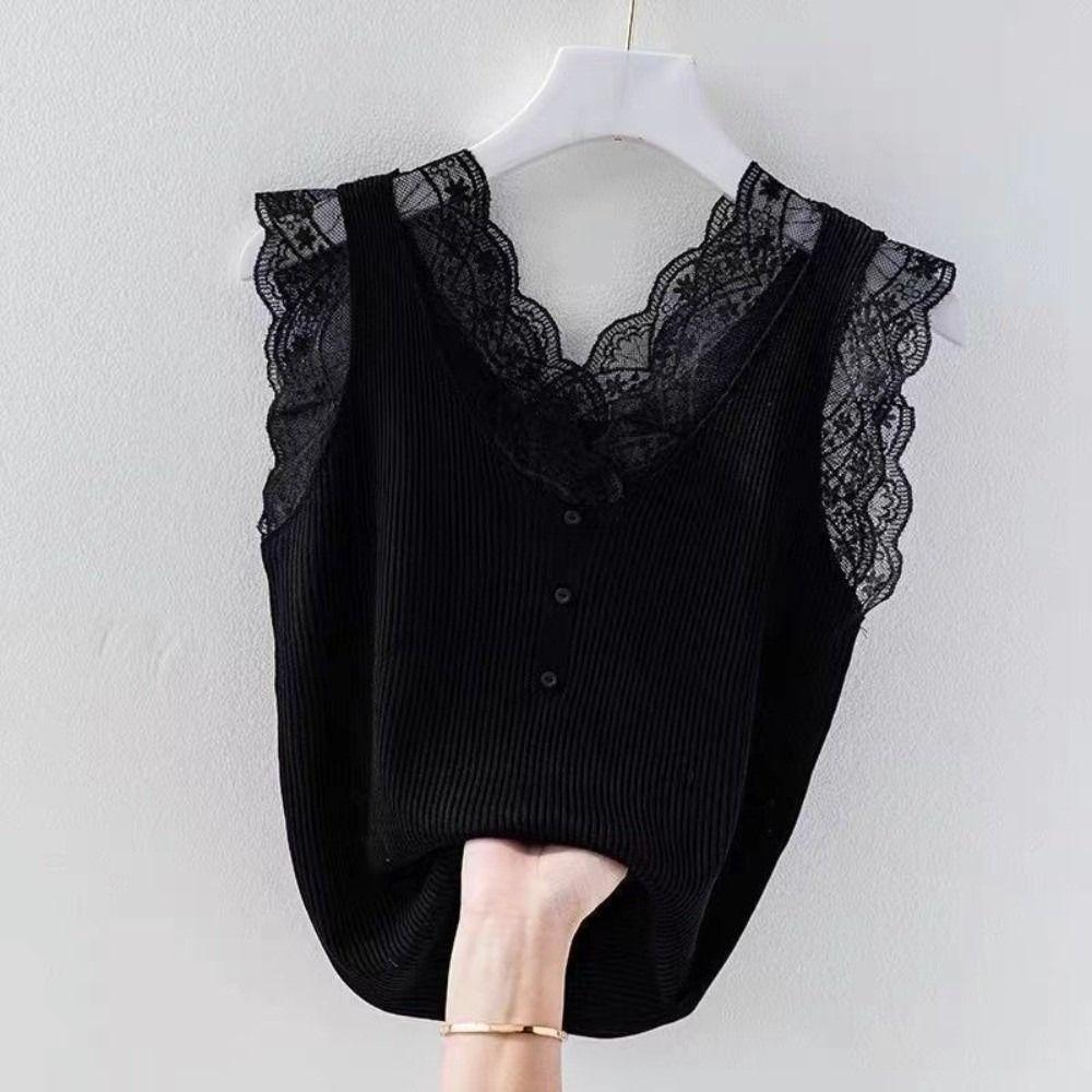 V-Neck Lace Strap Vest Sleeveless Knitted Vest Trend Slimming Base Top  for Women