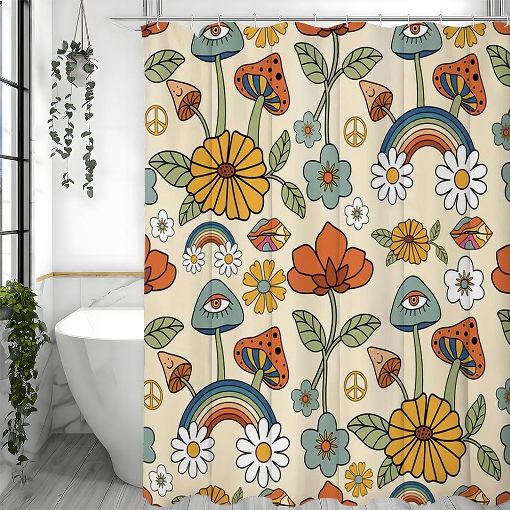 Cartoon Flower Plant Mushroom Rainbow Shower Curtain, Bathroom Decorative Shower Curtain, Waterproof Shower Curtain with Hooks