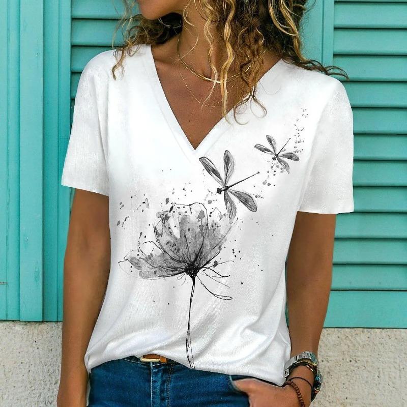 Sommer Damen Kurzarm V-Ausschnitt Oversized T-Shirt für Frauen Weiß Mode Damen T-Shirt 3D Libellen-Druck Top Freizeitkleidung