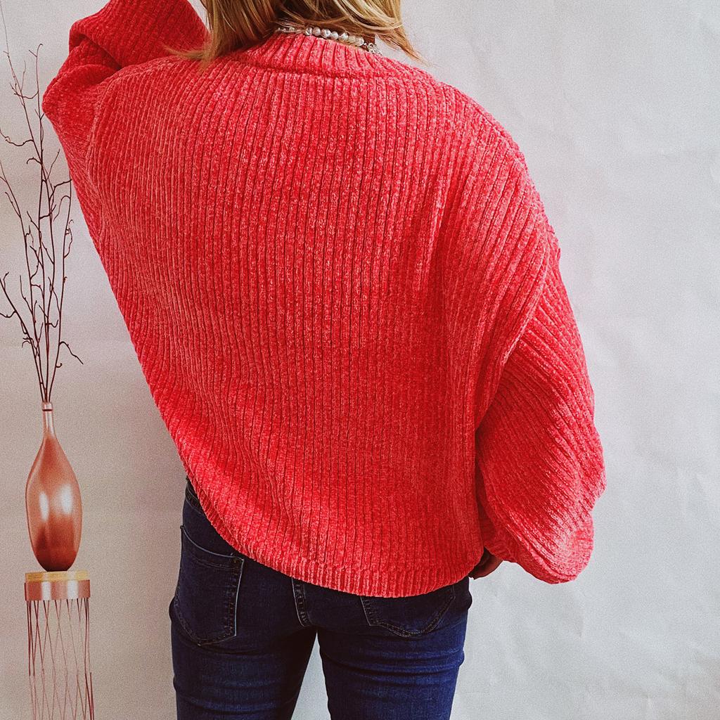 Autumn and Winter New Women's Solid Color Casual Shirt Round Neck Lantern Sleeve Short Knit Pullover Sweater Woman