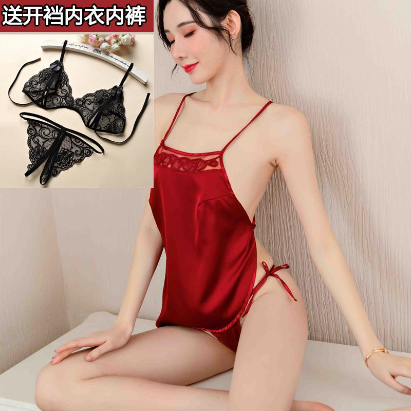 Open crotch free three-point two-piece set erotic lace underwear panties female sexy passion thong
