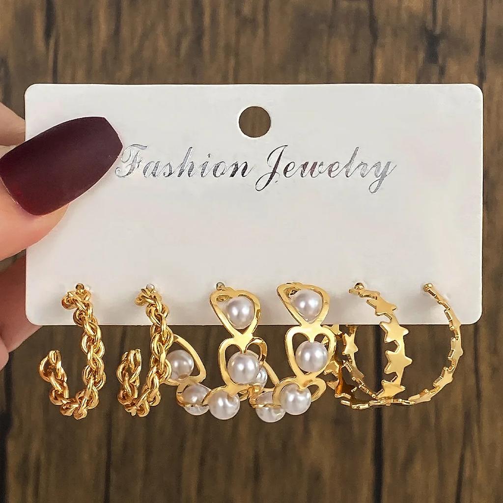 3 Pairs Boho Big Circle Hoop Earring Set for Women, Gold Color Vintage Pearl Earring