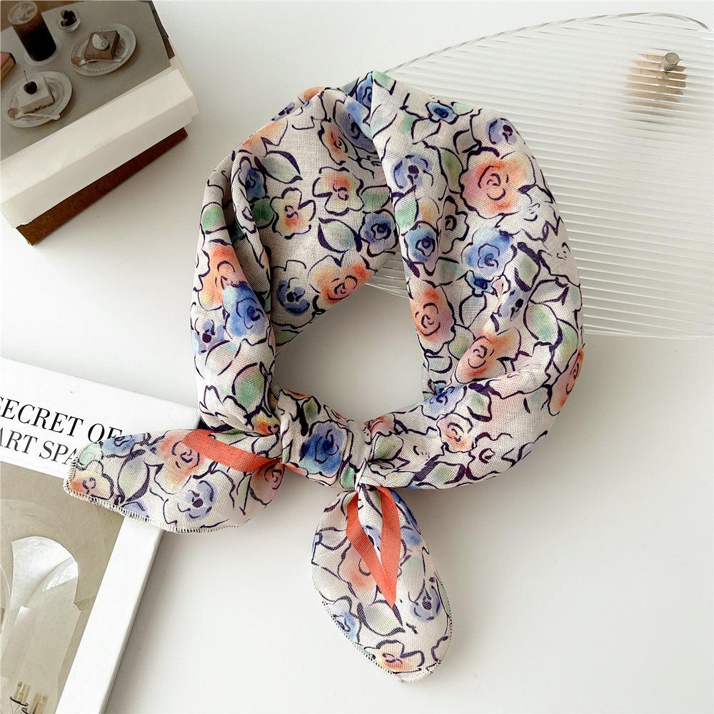 55cm Girls Cotton Linen Spring Square Scarf for Women Chic Headband Fashion Decorative Hairband Floral Neck Scarf