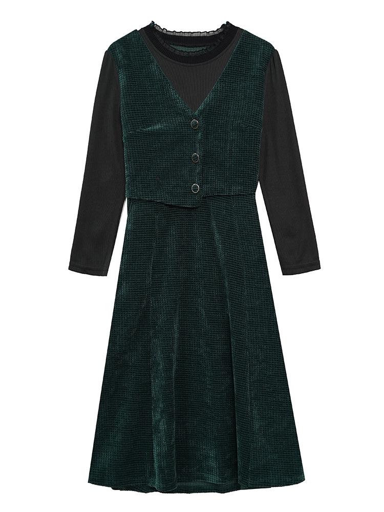 2026 Fall/Winter Elegant Versatile Long-Sleeve Faux Two-Piece Slimming Mid-Length Skirt