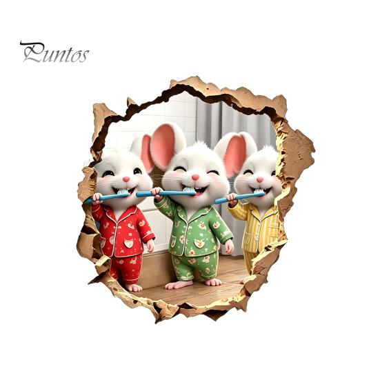 Wall Art Sticker Brushing Teeth Mouse Sticker, 3D Effect Broken Pajama Peel And Stick Cartoon Decoration Decal for Home Bathroom Easy Install A