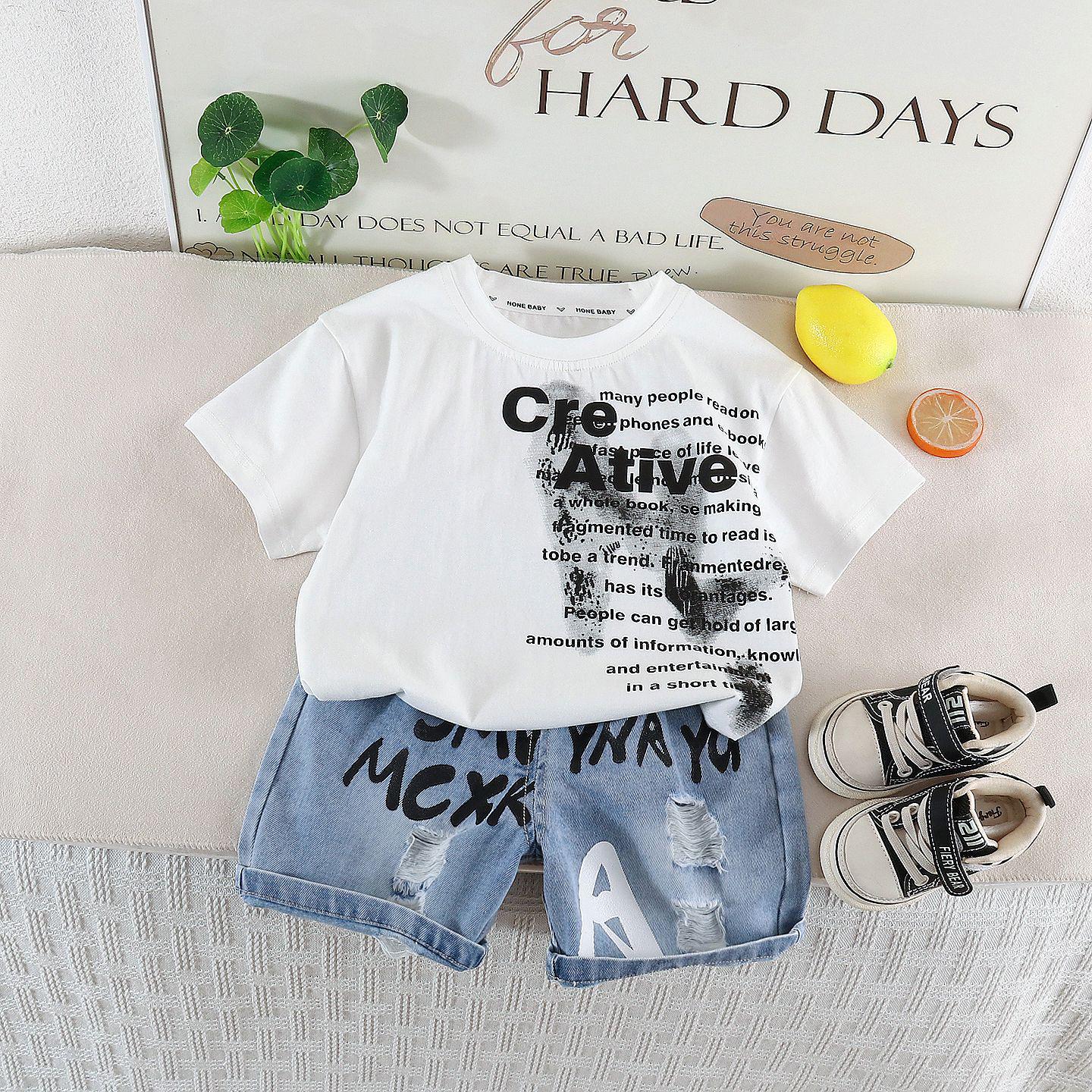 Summer 2026 Boys  Fashion Letter Print Shorts & Tee Set - Korean Style 90cm