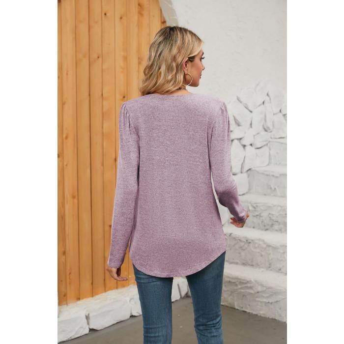 Spring and Autumn Women's Blouse Pleated Square Neck Solid Color Long Sleeve Top