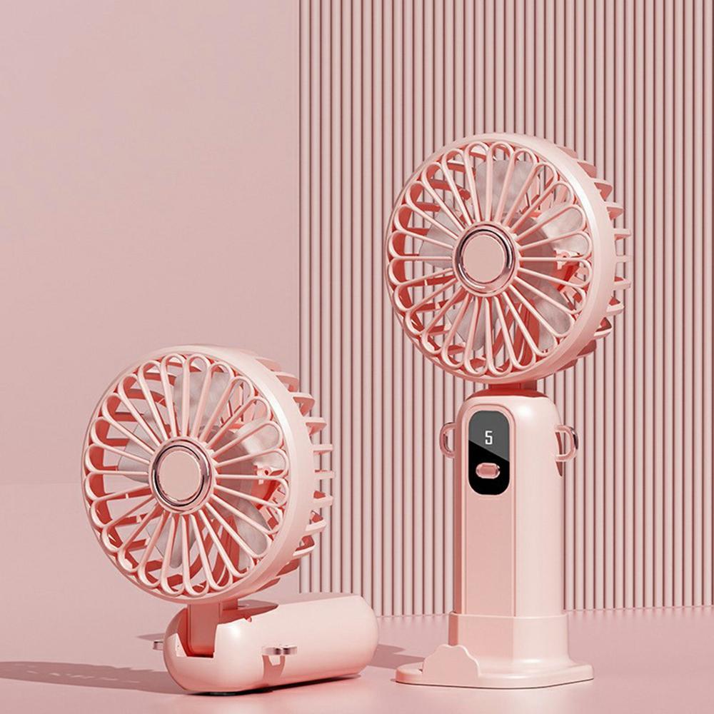 

ZD01 LED Display Mini Handheld Fan 5 Speeds Adjustable Foldable Cooling Fan with Phone Holder Pink
