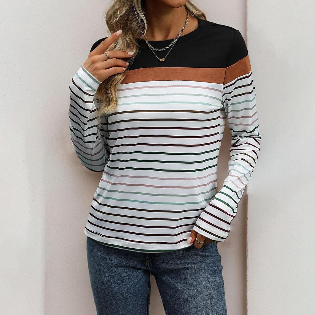Summer Women Long Sleeve T-shirt O Neck Stripe