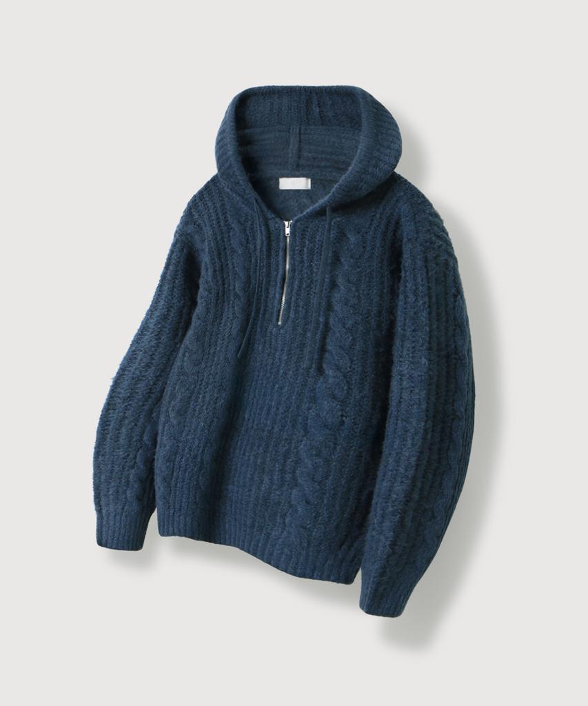 Mood Inside Cable Hooded Half-Zip Knit_Dusty Blue