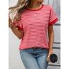 Damen Gestreiftes Waffelstrick T-Shirt Mit Kontrastbesatz Kurzarm Lässiges Rundhals-T-Shirt