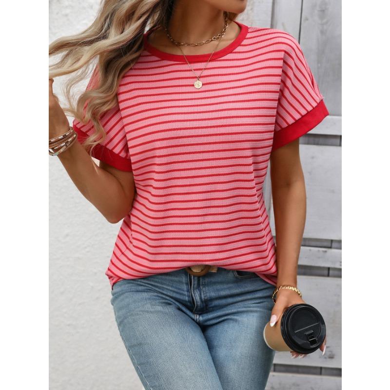 Damen Gestreiftes Waffelstrick T-Shirt Mit Kontrastbesatz Kurzarm Lässiges Rundhals-T-Shirt