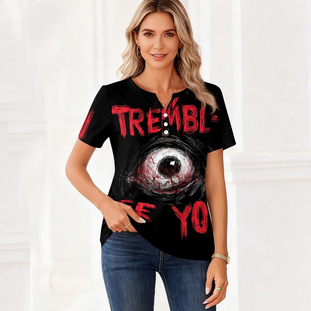 Women's Casual V Neck Short Sleeve Button T Shirt Halloween Themed Graphic Print Top Fashionable Comfortable Fit
