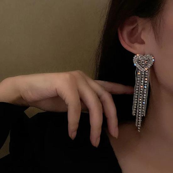 1 Pair Women Dangle Earrings Heart Rhinestone Jewelry All Match Tassels Stud Earrings