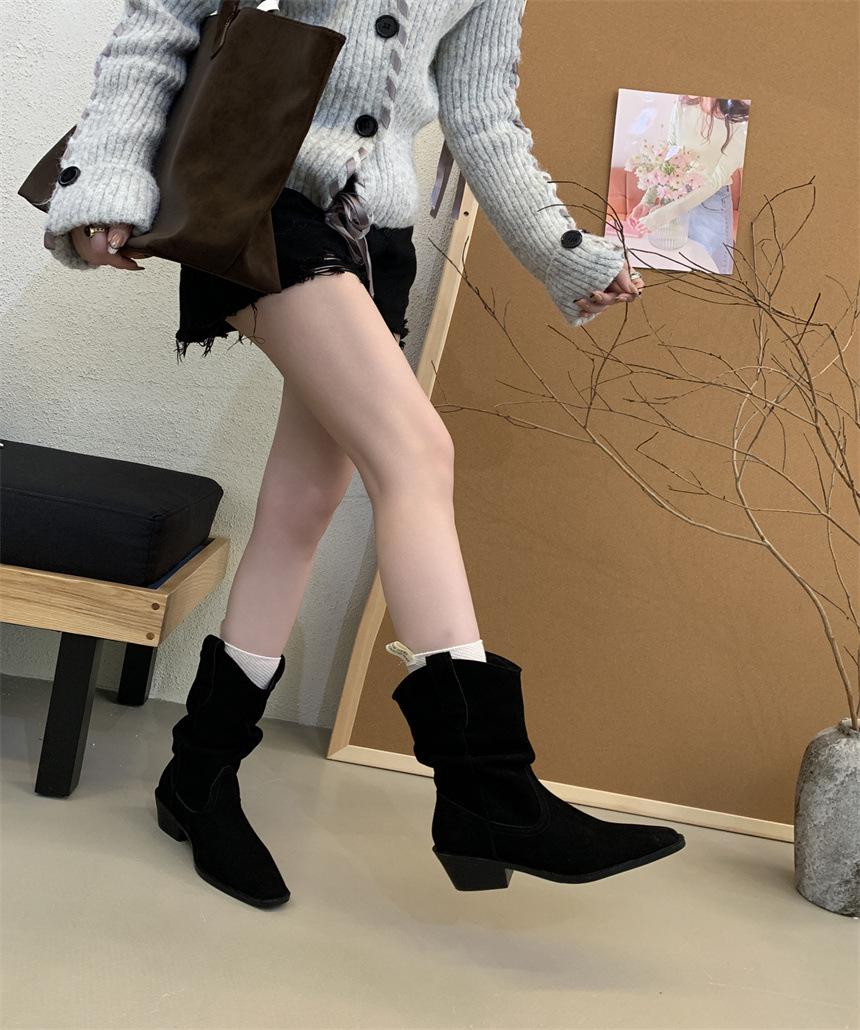 

Полусапоги рыцарские женские осенне-зимние 2025 новинка внешнеторговые большого размера с острым носом на толстом каблуке облегающие сапоги-чулки 39 чёрный