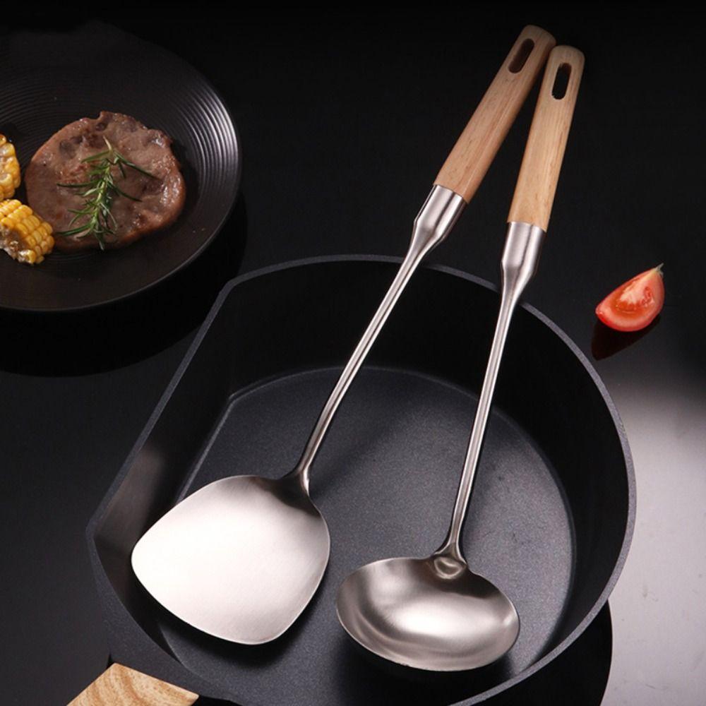 Wood Handle Cooking Shovel Long Handle Rice Spoon Ladle Stainless Steel Wok Spatula  Restaurant