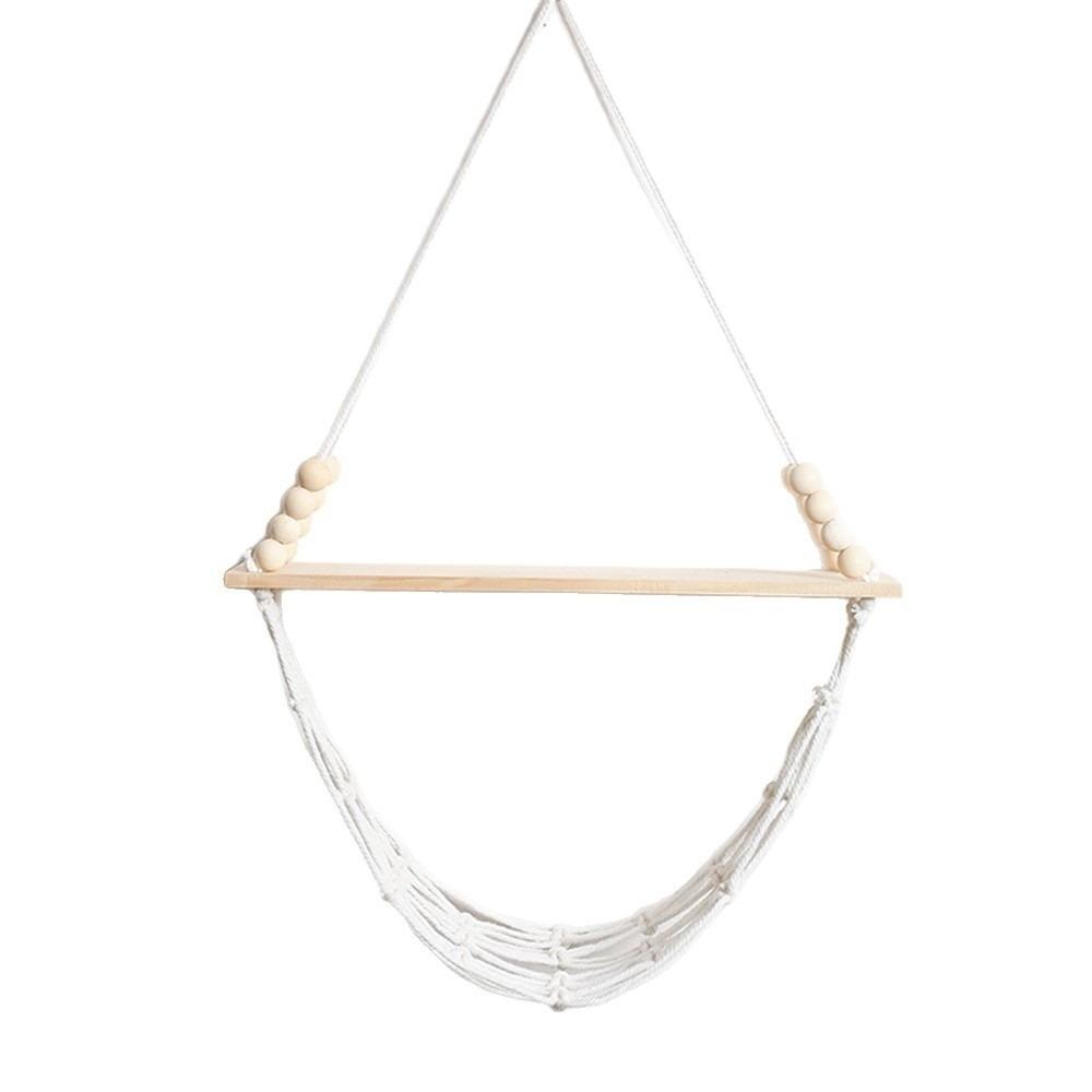 Solid Wood Wall Hanging Shelf Macrame Cotton Cord Net Basket Storage Shelf for Home Decor