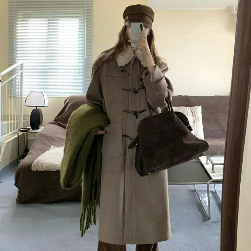 Coat Women's Woolen Winter Mid-length Over-the-knee High-end Horn Button Woolen Coat