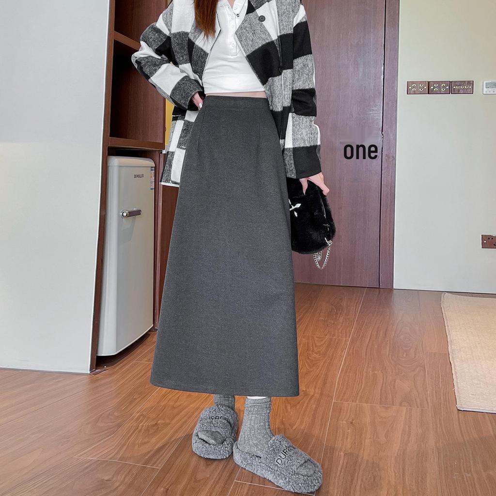 Khaki Wool High-Waist Slimming Midi Skirt for Women - A-Line, Hip-Hugging, Spring/Autumn 2026