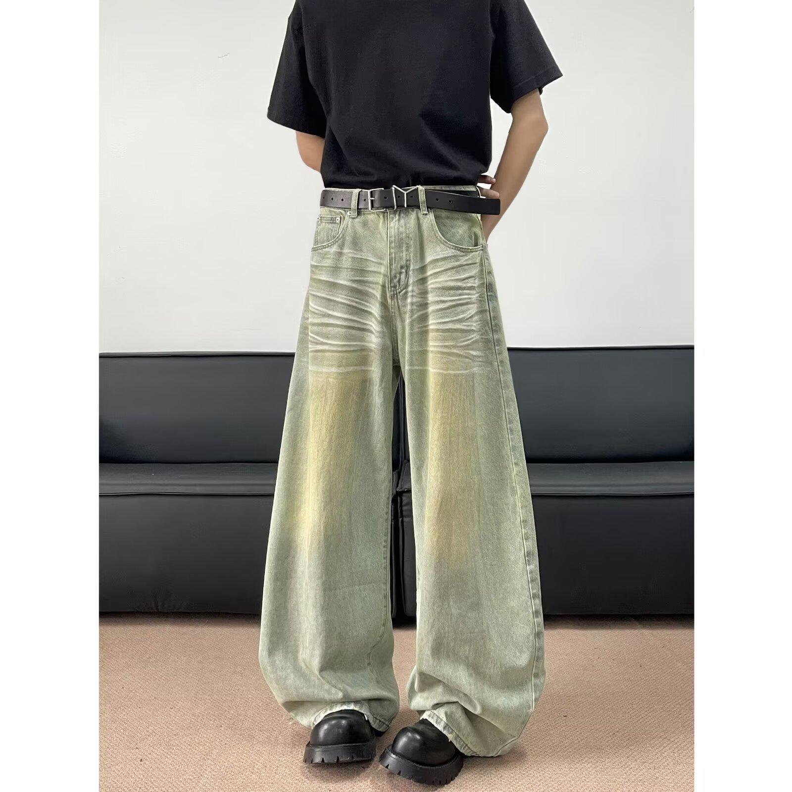 JYL Мужские Джинсы Винтажные Грязно Окрашенные Укороченные Весенние Новые Уличные Свободные Широкие Джинсовые M