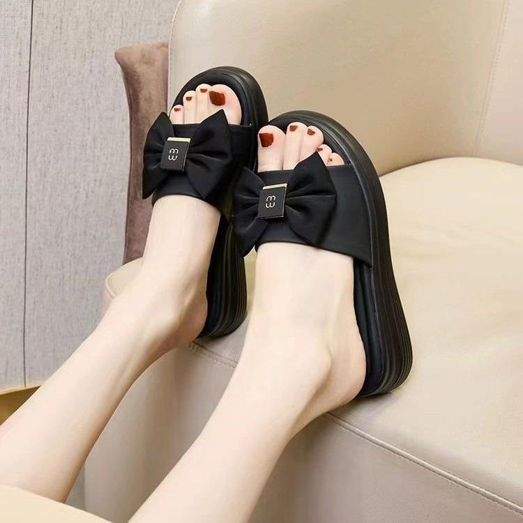 Internet Celebrity Platform Slippers 2025 Women's Summer New Outer Wear Fashion Non-slip Heightening Bow Summer Versatile Word