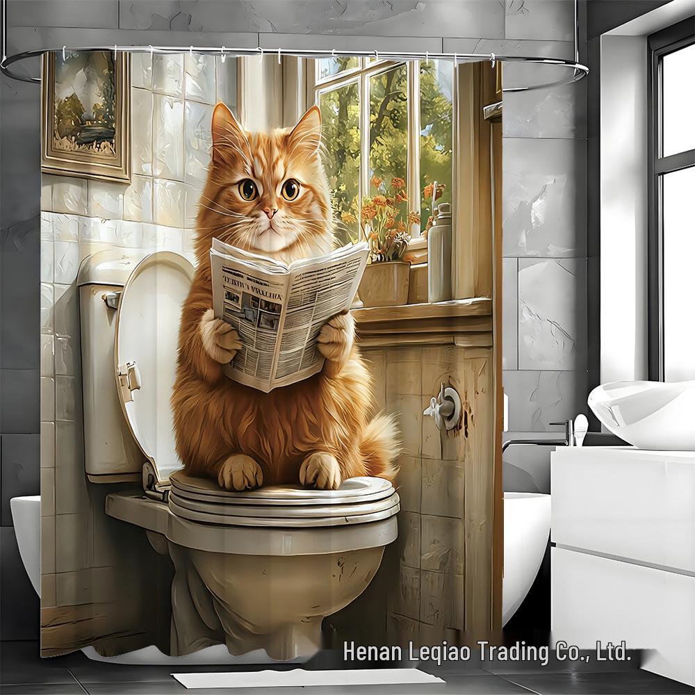 Cartoon Cat Bathroom Set: Funny Cat Reading Newspaper Shower Curtain & Accessories