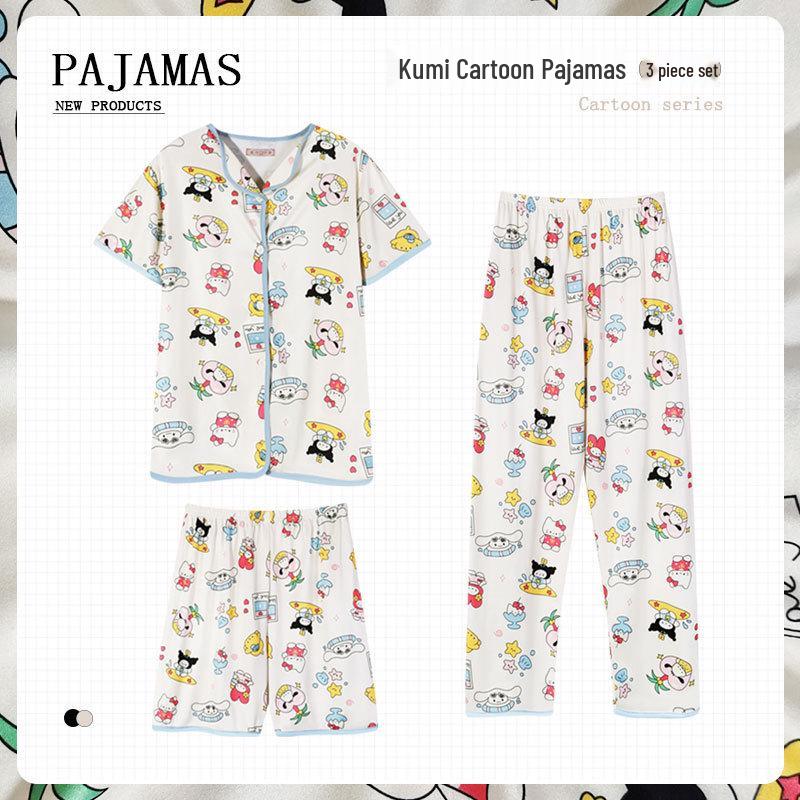 Pastoral Women's Pajama Set: Soft, Cute Rabbit Design, Short-Sleeve, Casual Three-Piece Loungewear.